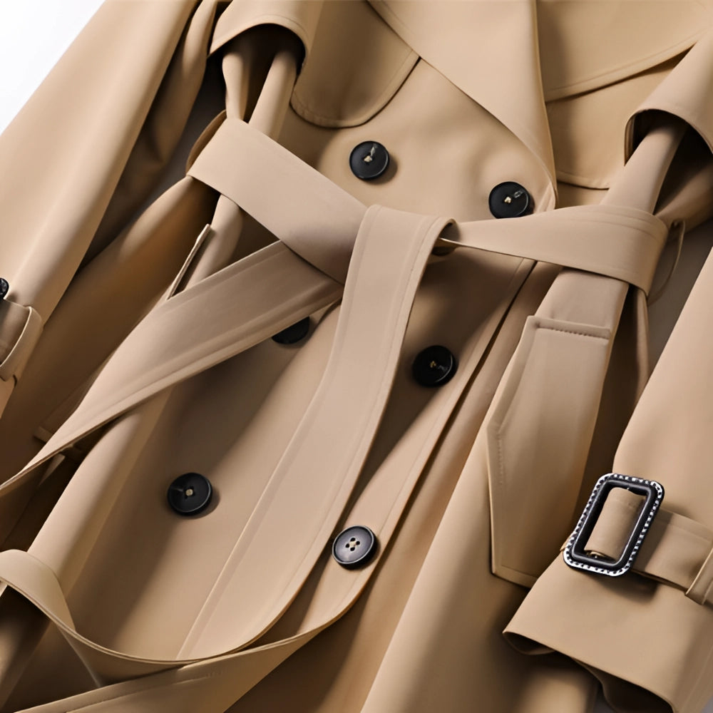 Elegant women's double-breasted trench coat with belt, ideal for fall & spring outerwear fashion.