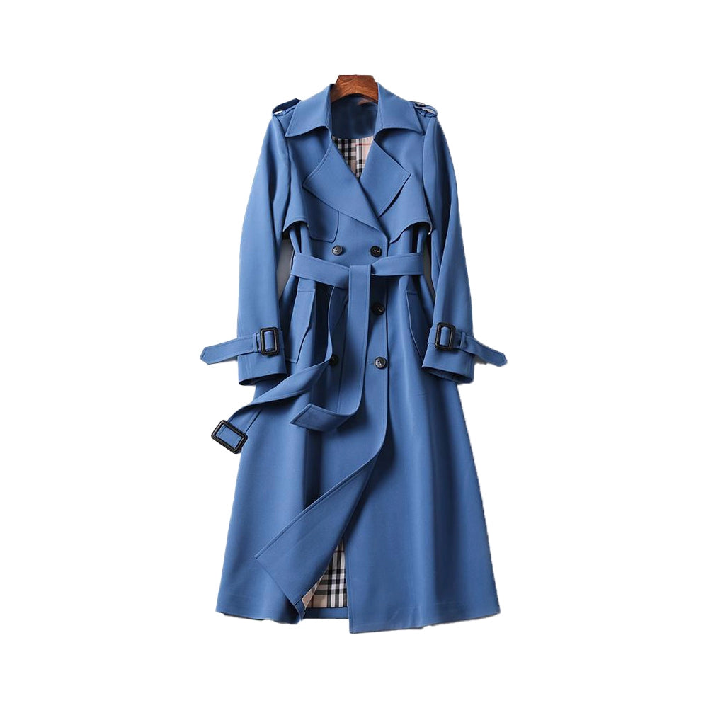 Sophisticated women's trench coat, double-breasted design, versatile elegant jacket for daily wear.