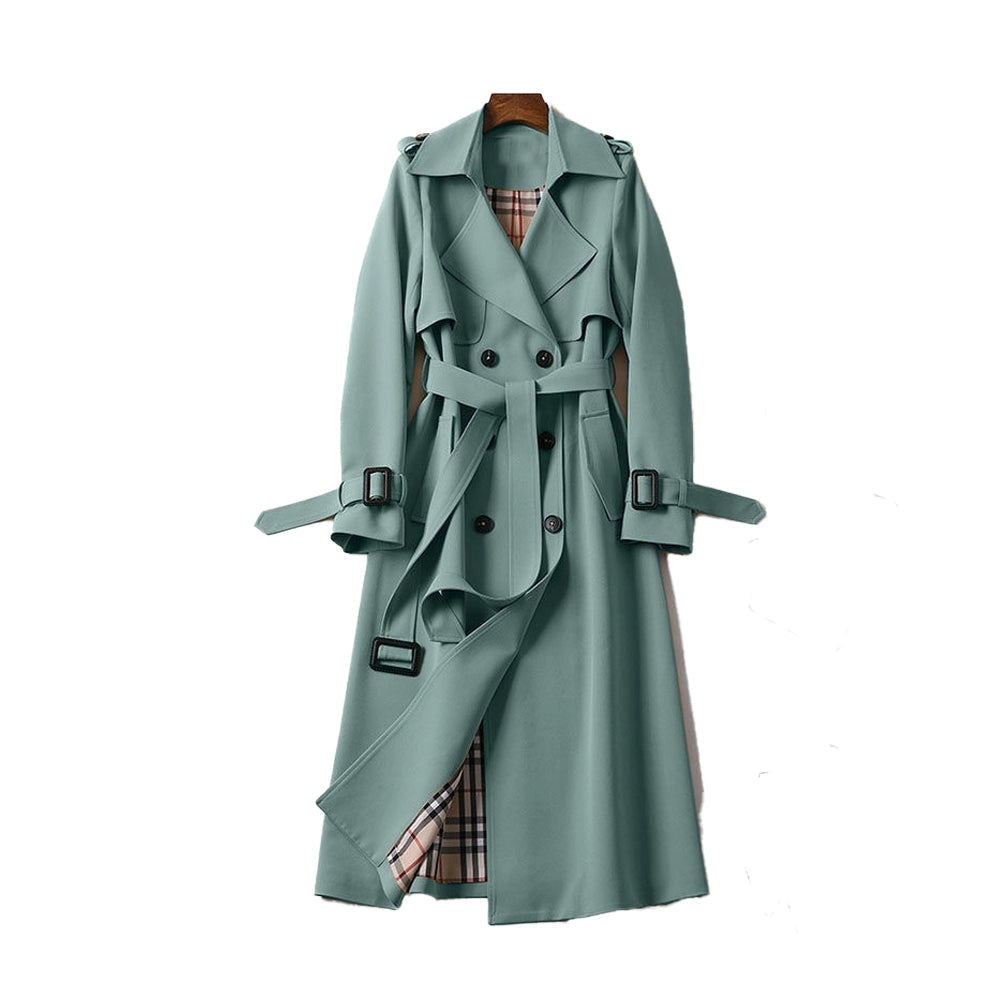 Classic women's double-breasted trench coat, a stylish fall jacket perfect for an elegant look.
