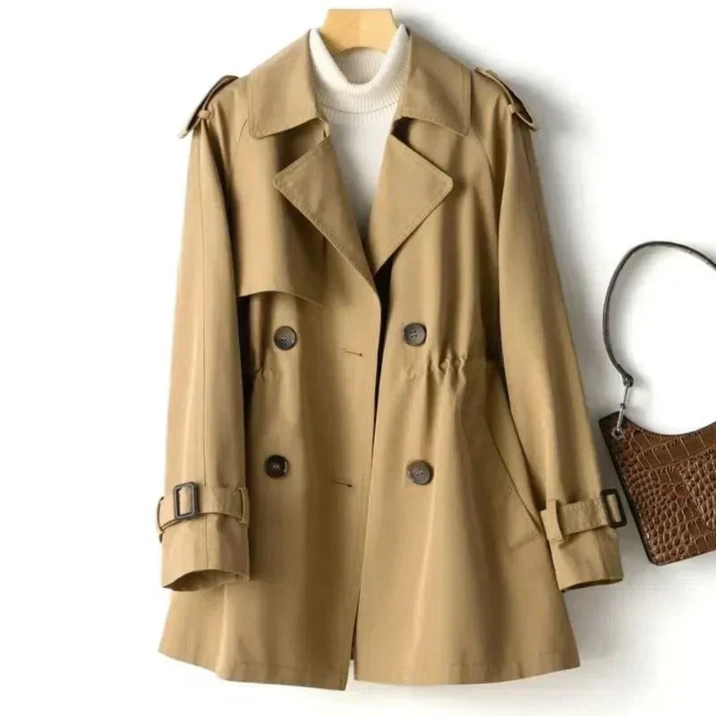 Stylish women's belted double-breasted trench coat. Perfect long jacket for office wear & versatile outerwear.