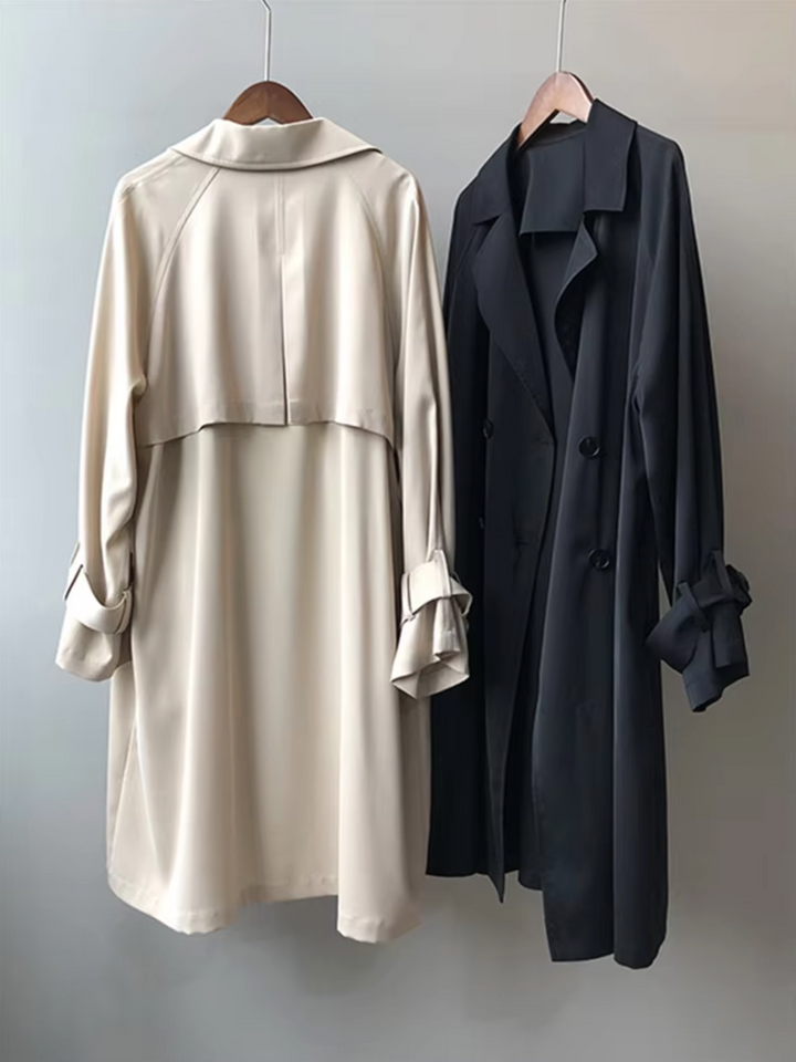 Women's double-breasted trench coat, featuring a chic lapel collar. Versatile fall/spring outerwear for office & style.