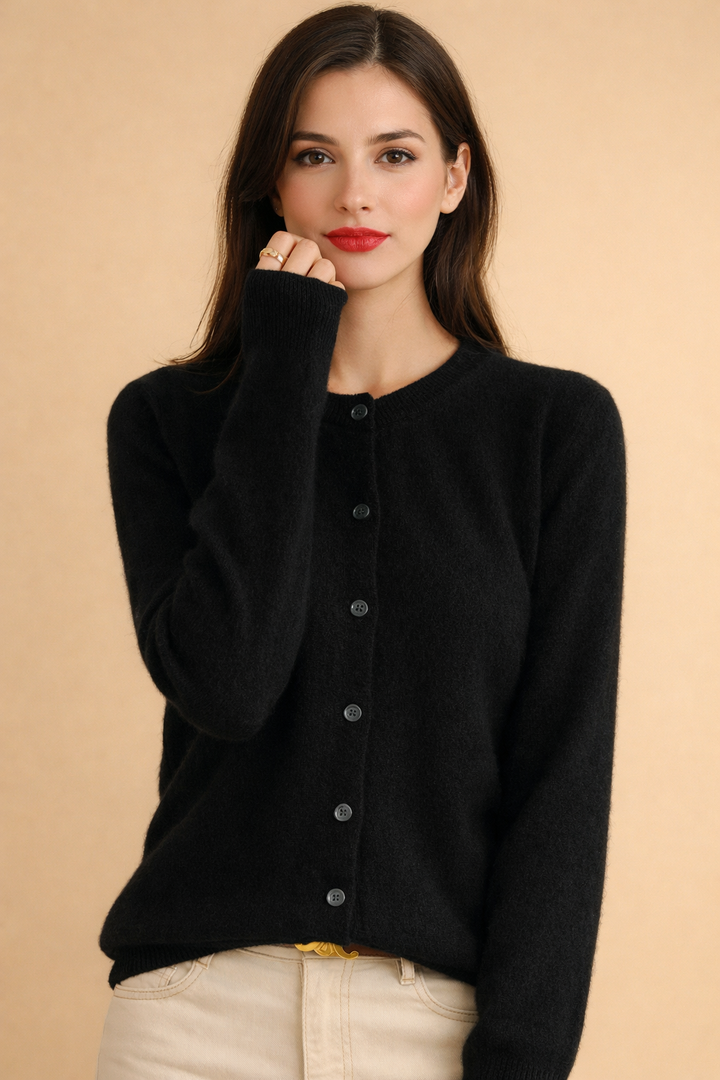 Women's classic knit cardigan with round neck & button front. Long sleeve, versatile for everyday or office wear.