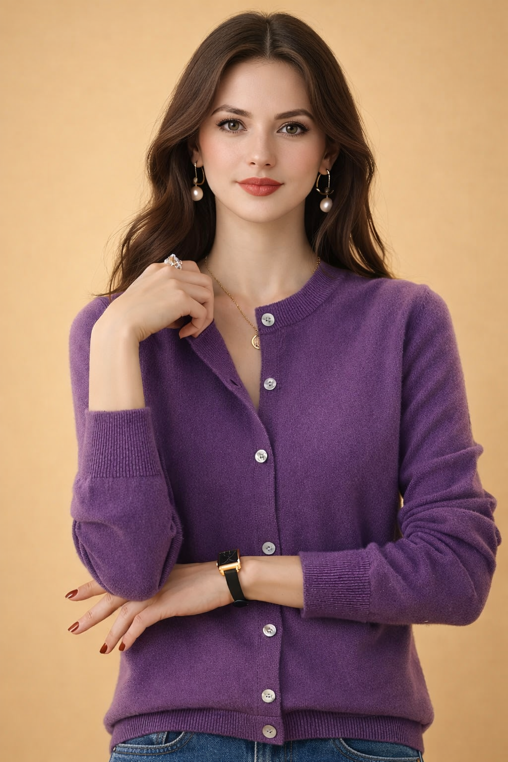 Close-up of a women's round neck knit cardigan, featuring elegant button-front closure & soft knit texture.