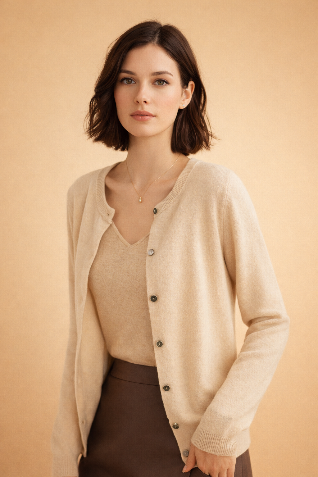 Versatile women's button-front knit cardigan in a vibrant color. Round neck, long sleeve, ideal for everyday fashion.