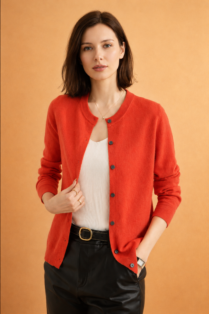 Elegant women's round neck knit cardigan with a classic button-front design. Long sleeve, versatile for any outfit.