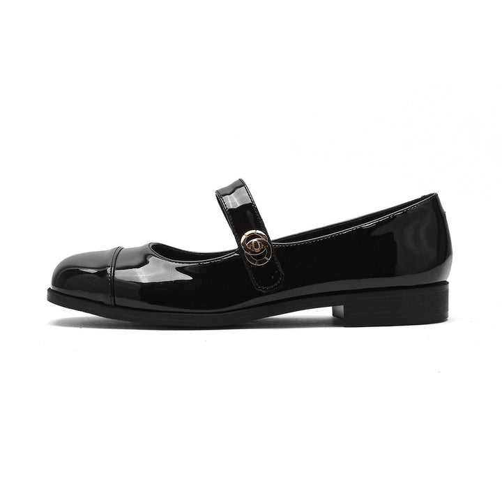 Elegant women's patent Mary Jane flats, combining a wide toe box with targeted arch support.
