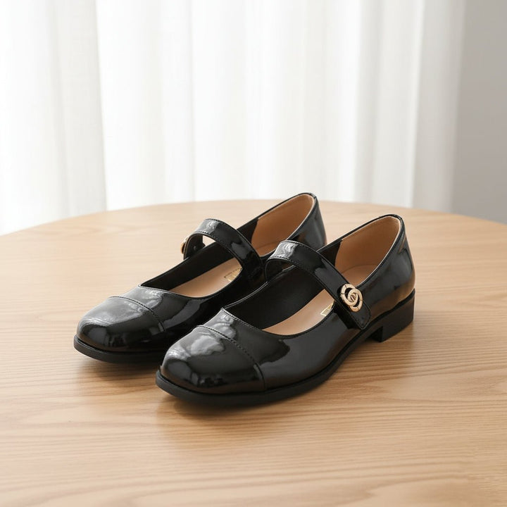 Side view of comfortable women's Mary Jane flats, perfect for foot health with arch support.