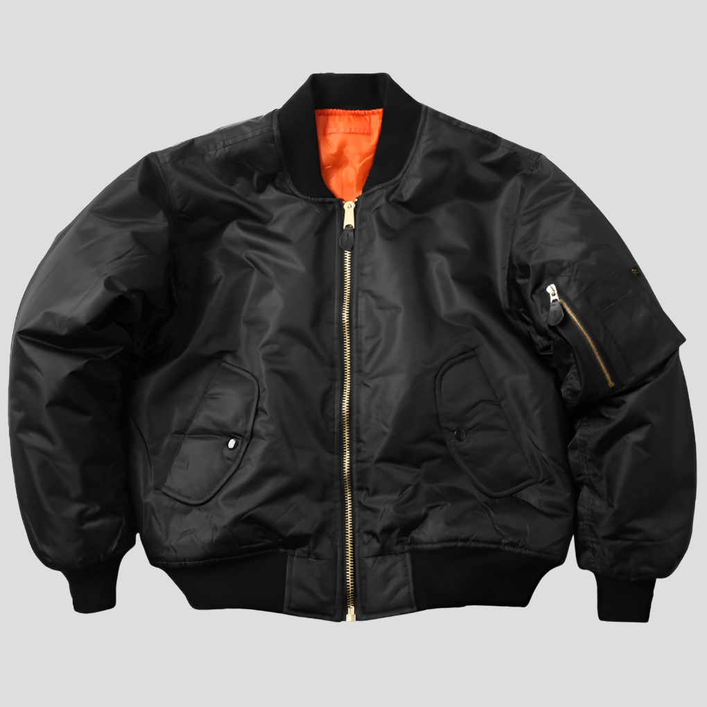 Women's classic rib-knit bomber jacket hanging, a timeless and stylish casual outerwear option.