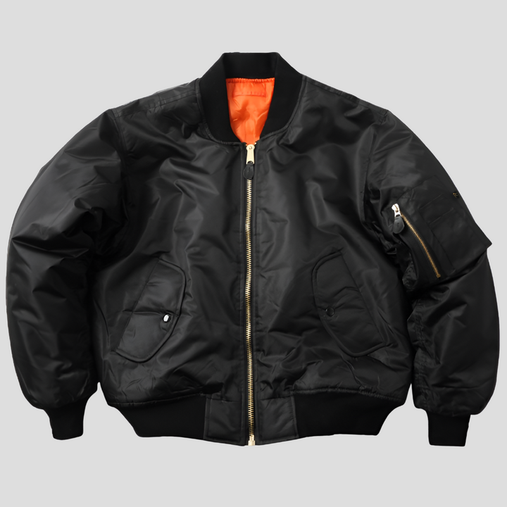 Women's classic rib-knit bomber jacket hanging, a timeless and stylish casual outerwear option.