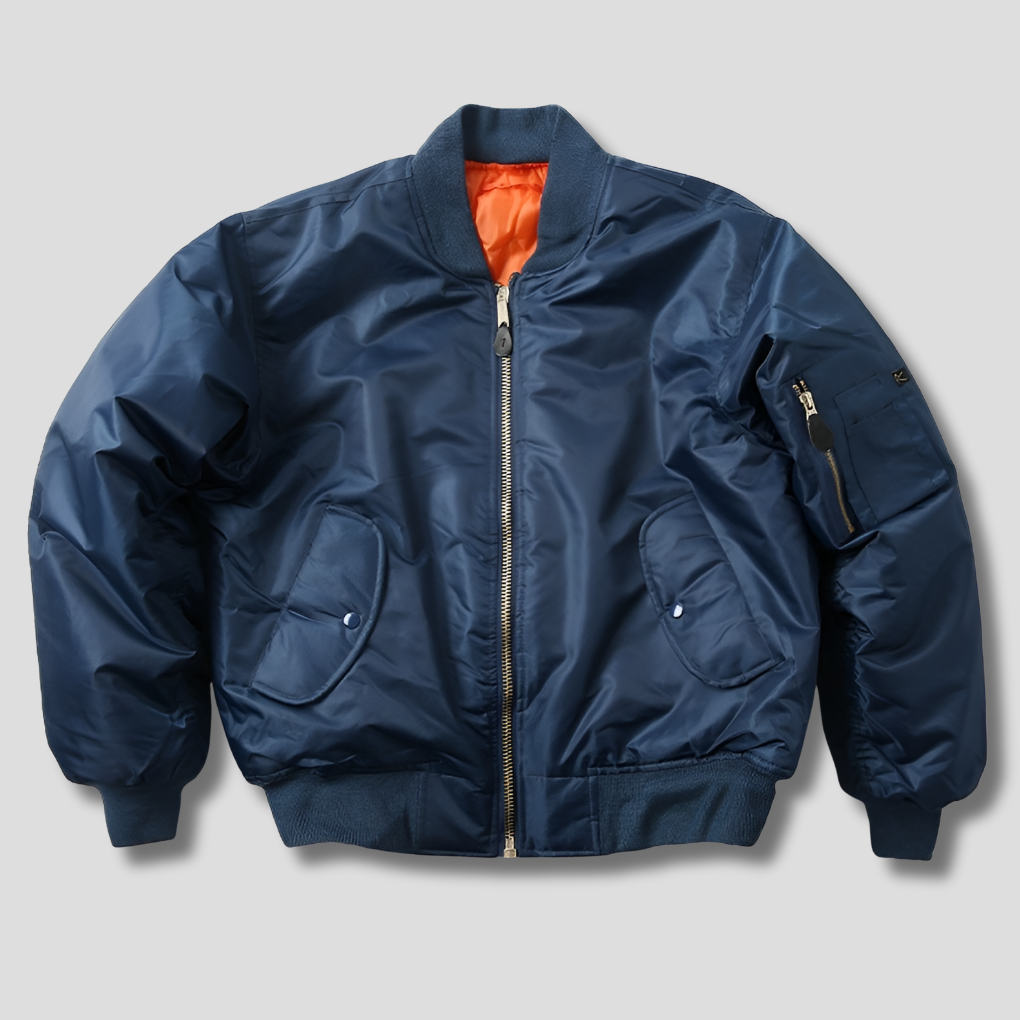 Stylish woman in a classic rib-knit bomber jacket, perfect casual outerwear for year-round wear.