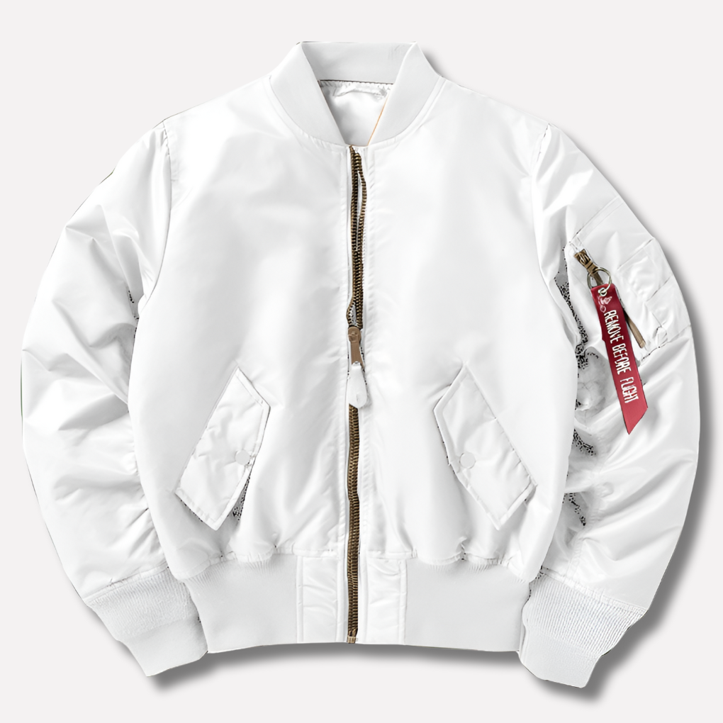 Front view of a women's classic rib-knit bomber jacket, sleek design for stylish outerwear.
