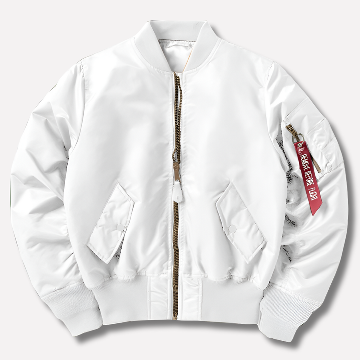 Front view of a women's classic rib-knit bomber jacket, sleek design for stylish outerwear.