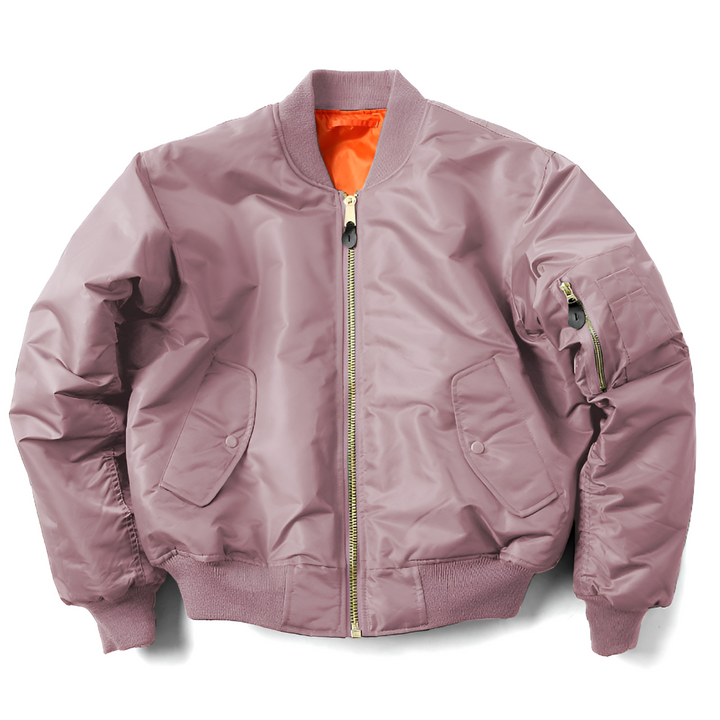 Detailed view of the rib-knit fabric on a classic women's bomber jacket, highlighting its soft texture.