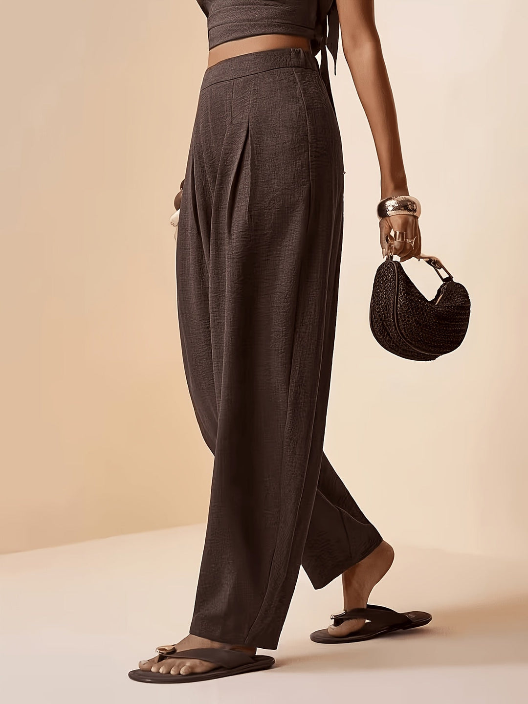 Stylish women's coffee brown high-waist harem pants, designed for everyday comfort & a relaxed, modern fashion look.