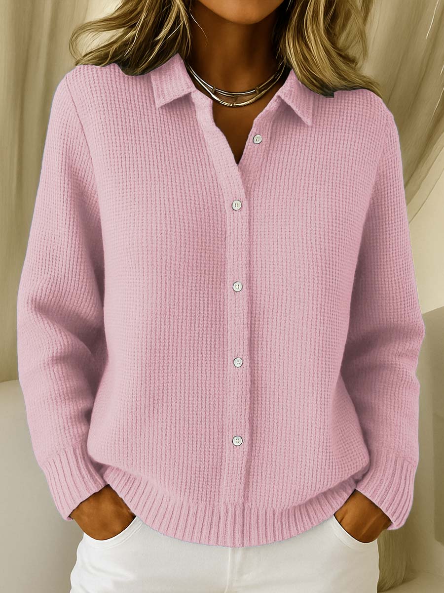 Versatile women's knit cardigan sweater with collar, styled for everyday fashion and comfortable layering.