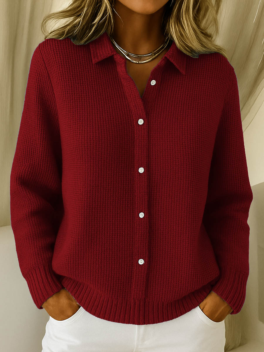 Casual women's button-up collared knit cardigan sweater, ideal for versatile everyday wear.