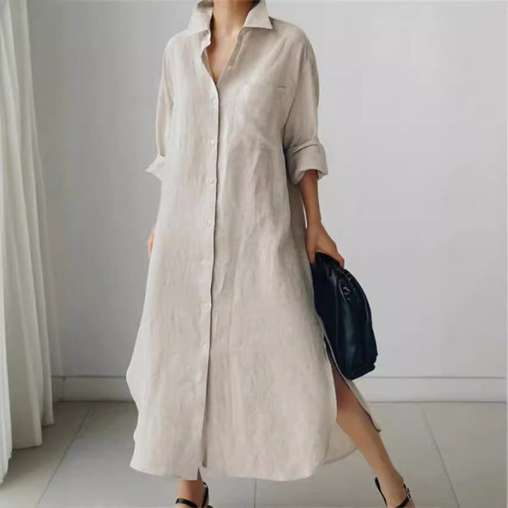 Women's collared roll sleeve midi shirt dress with button-down front & chest pockets, perfect for casual chic.