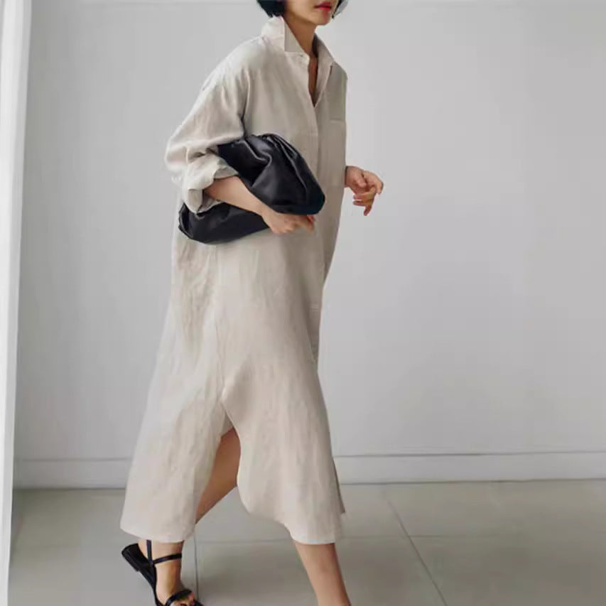 Casual chic women's midi shirt dress with roll sleeves, ideal for spring & summer everyday wear.