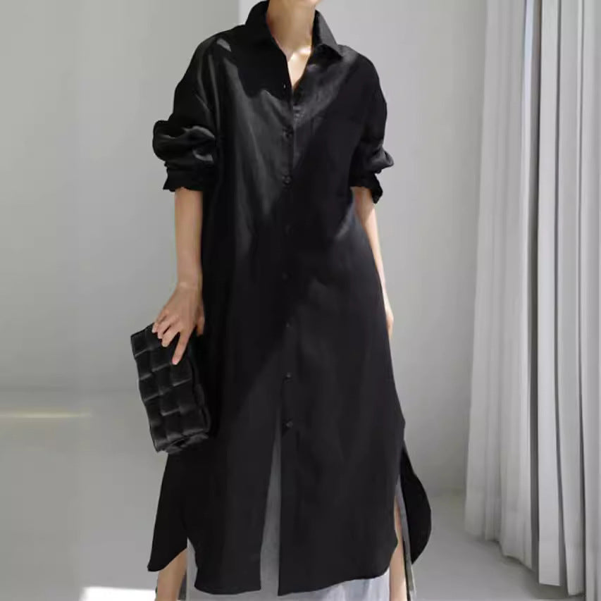 Elegant comfort women's collared roll sleeve midi dress, versatile for daily fashion.