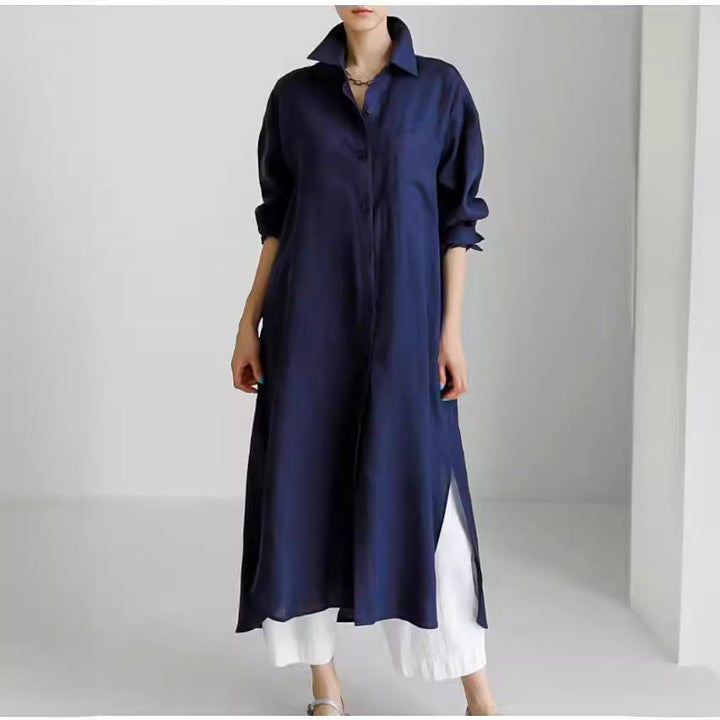 Women's long sleeve button-down shirt midi dress with collar neck & practical chest pockets.