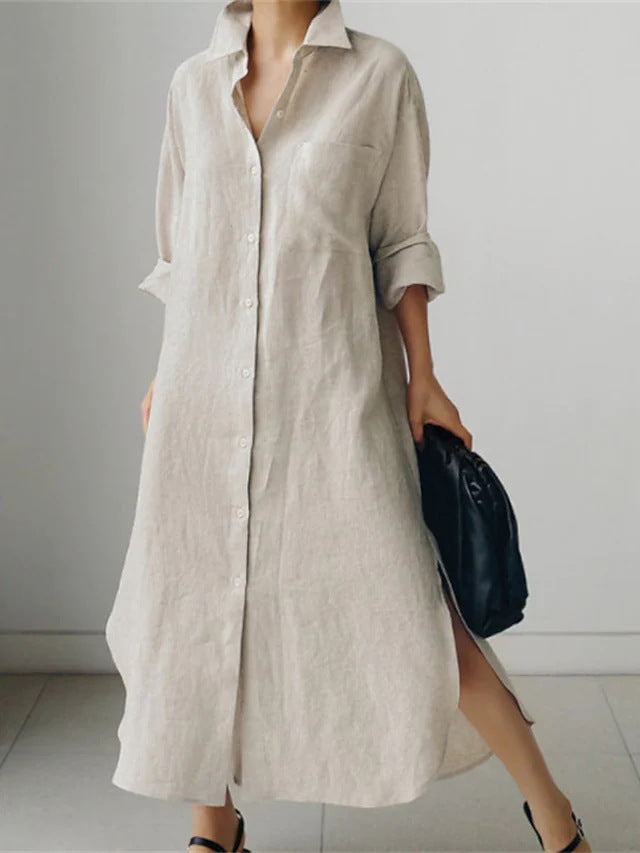 Versatile women's midi shirt dress featuring roll sleeves, collar, & functional buttons.