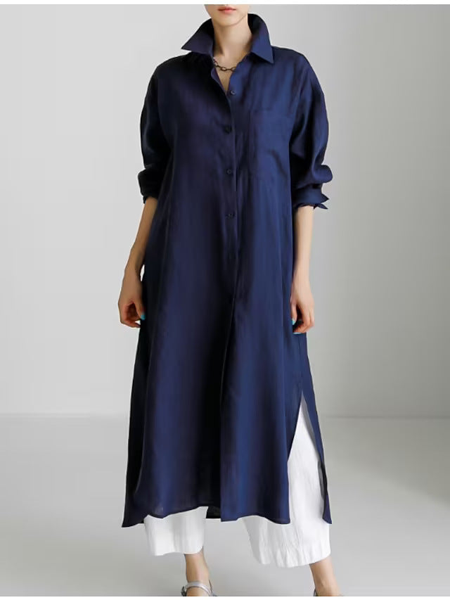 Casual chic collared midi shirt dress for women with roll sleeves, ideal for spring elegance.