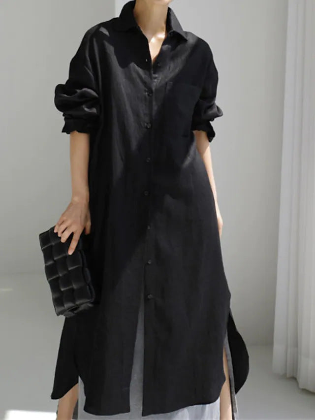 Women's collared roll-sleeve button-down midi shirt dress, featuring chest pockets for versatile style.