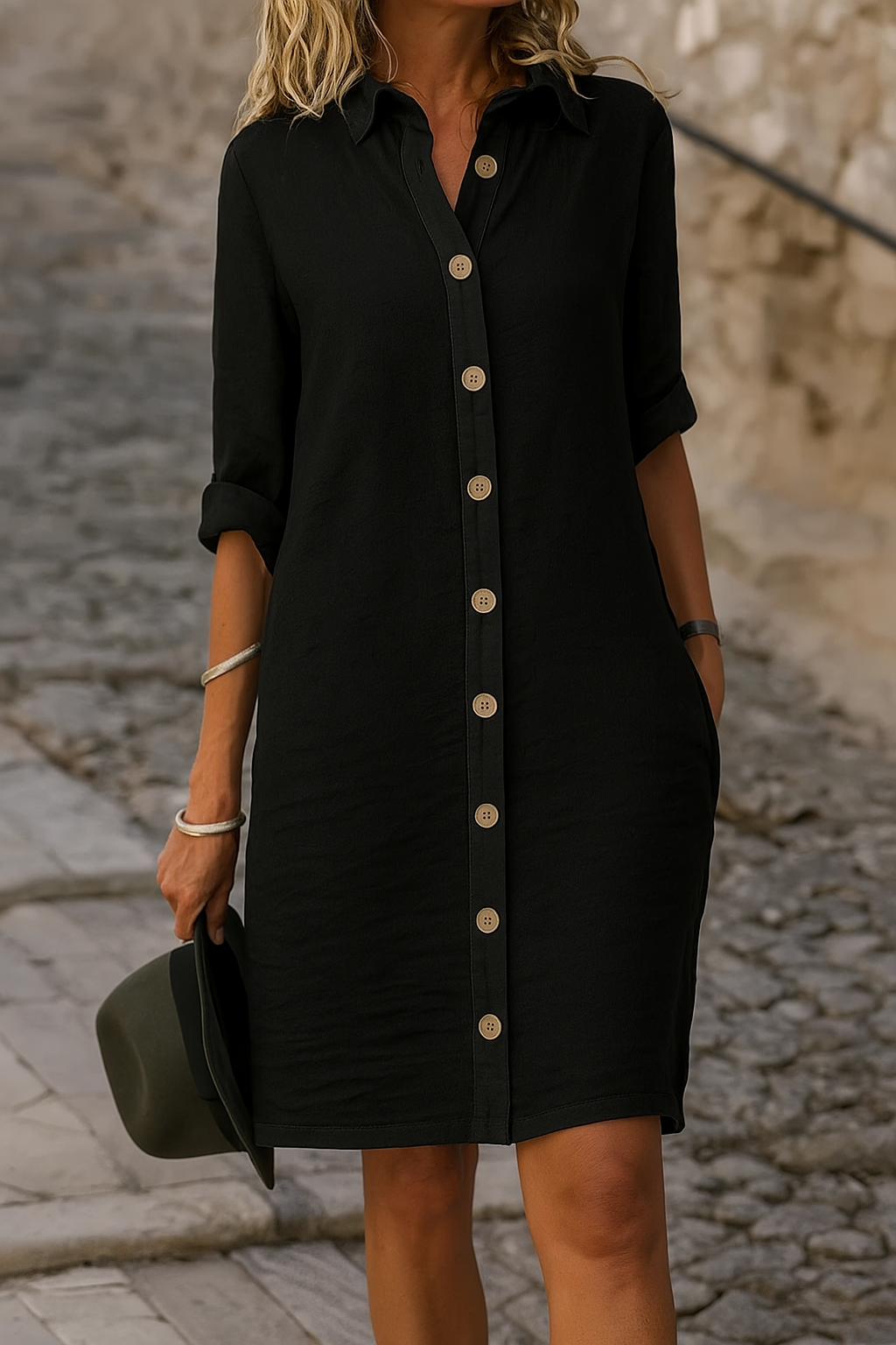 Women's collared shirt dress with roll-tab sleeves & button front, perfect for summer casual wear.