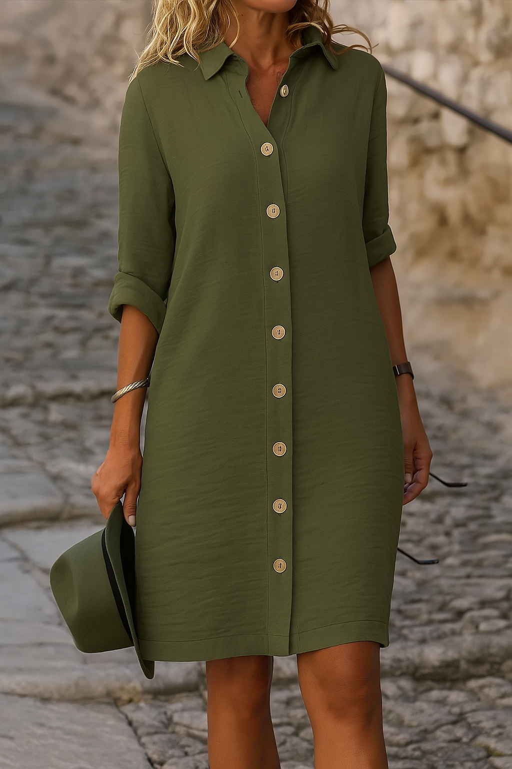 Stylish women's summer shirt dress, knee-length, relaxed fit, button front & roll-tab sleeves.