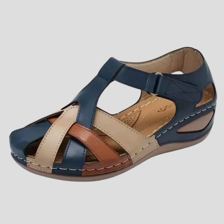 Casual slip-on women's sandals with adjustable straps, arch support. Great for daily wear. Brown & navy blue.