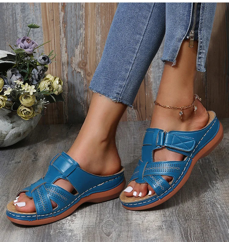 Women's orthopedic sandals for pain relief, featuring excellent arch support, a cushioned footbed, & stability.