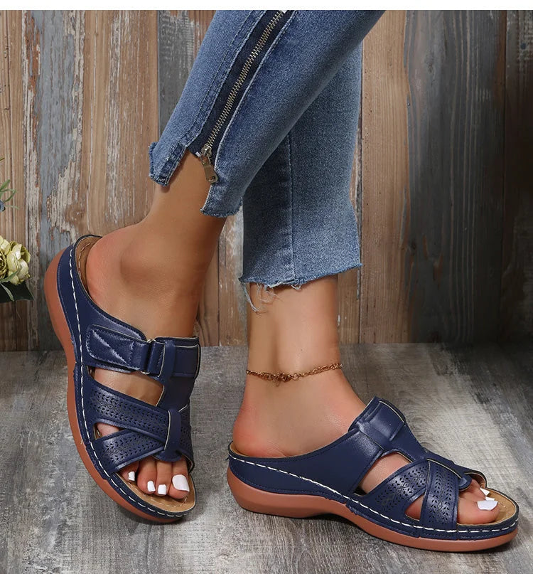 Pair of women's comfort orthopedic walking sandals with arch support, ready for active, pain-free everyday wear.