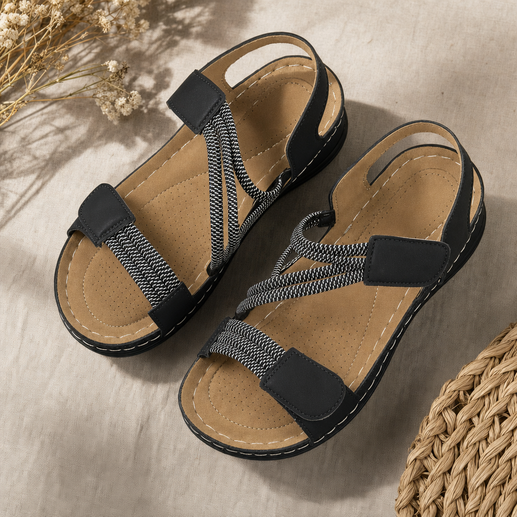 Stylish women's slip-on summer sandals with elastic straps & cushioned support, ideal for walking & daily wear.