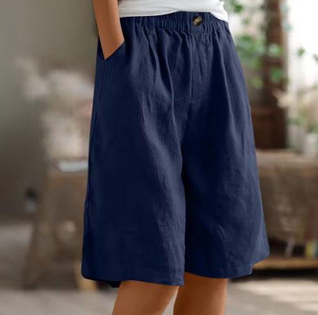 Stylish women's relaxed fit shorts featuring an elastic waist for easy pull-on everyday comfort.