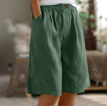 Women's casual summer shorts with elastic waist, relaxed mid-thigh fit, offering all-day comfort.