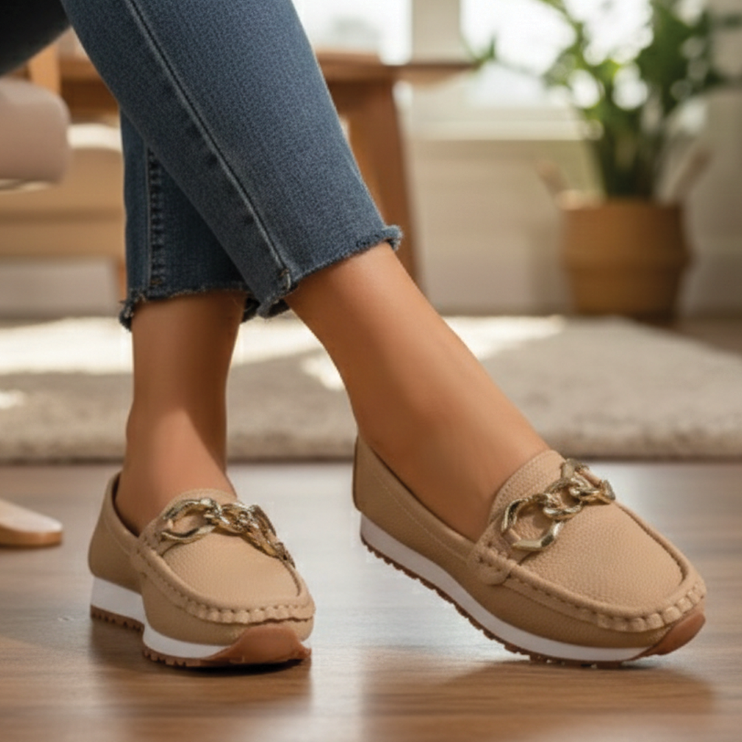 Women's comfortable black flat buckle loafers, perfect for daily wear and casual outfits.