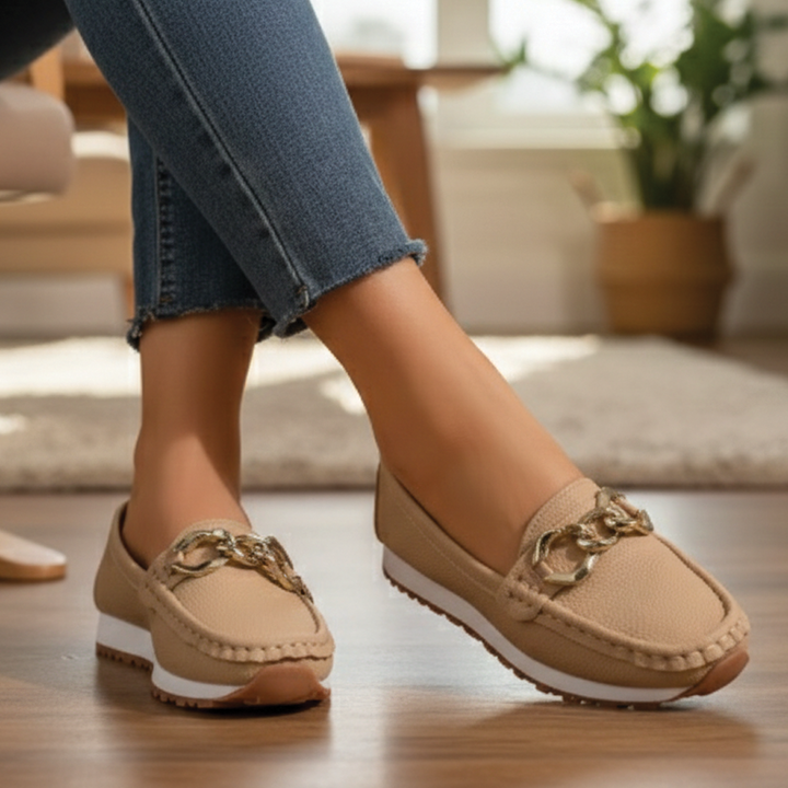 Women's comfortable black flat buckle loafers, perfect for daily wear and casual outfits.