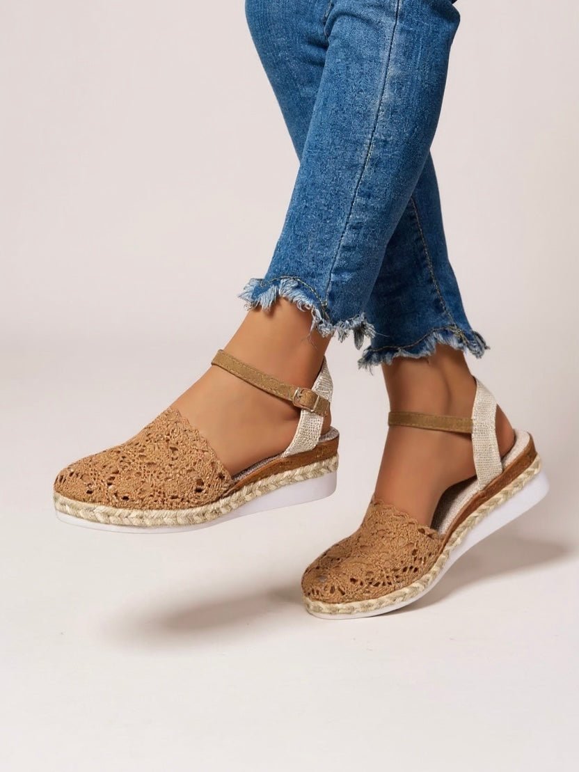 Women's beige espadrille platform sandals with ankle strap, offering bohemian summer style & comfort.