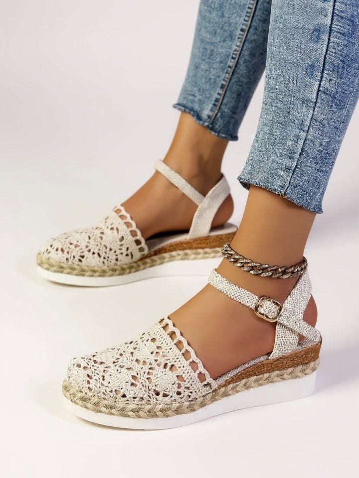 Women's comfortable flatform espadrille sandals, bohemian style in beige, perfect for summer wear.