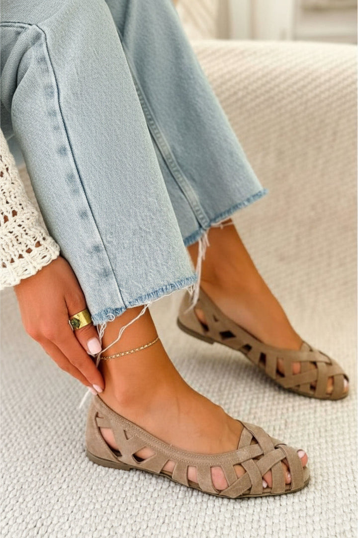 Women's comfortable braided crossover strap sandals. Flat slip-on summer shoes for all-day wear.