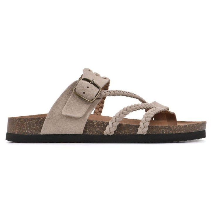 Slip-on women's open-toe flat sandals with stylish braided straps, comfy for summer casual wear.