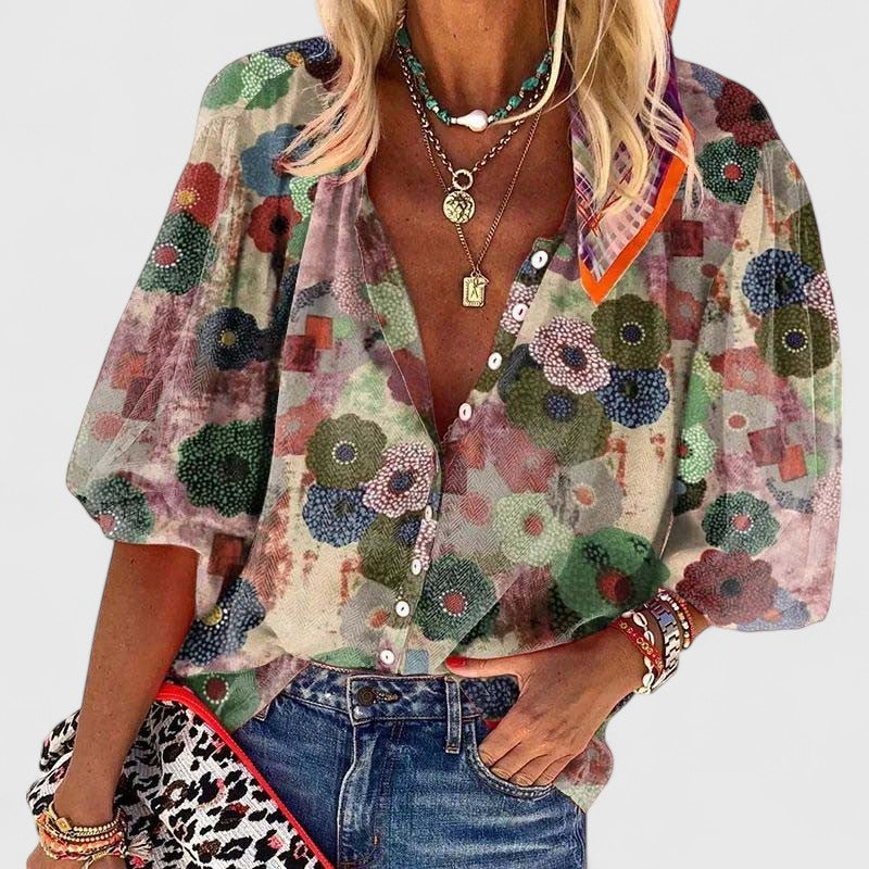 Women's comfortable green floral long sleeve blouse for elegant spring/summer style.