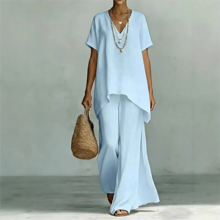 Women's comfortable linen blend two-piece pant set with wide-leg trousers, perfect for casual summer resort wear.