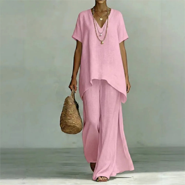 Fashionable women's linen blend pant set featuring a relaxed top and wide-leg trousers, ideal for summer outfits.