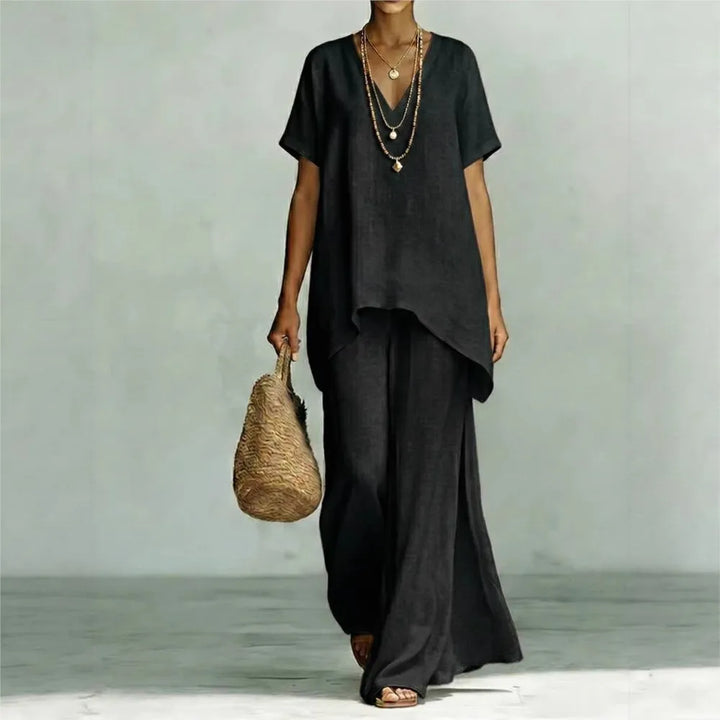 Effortless women's linen two-piece set, a chic and comfortable wide-leg pant outfit for resort or casual summer fashion.