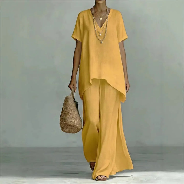 Breathable linen blend two-piece pant set for women, a stylish and comfortable wide-leg summer outfit for any occasion.