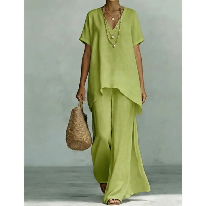 Versatile women's two-piece linen blend pant set, featuring wide-leg trousers for a comfortable and stylish summer look.