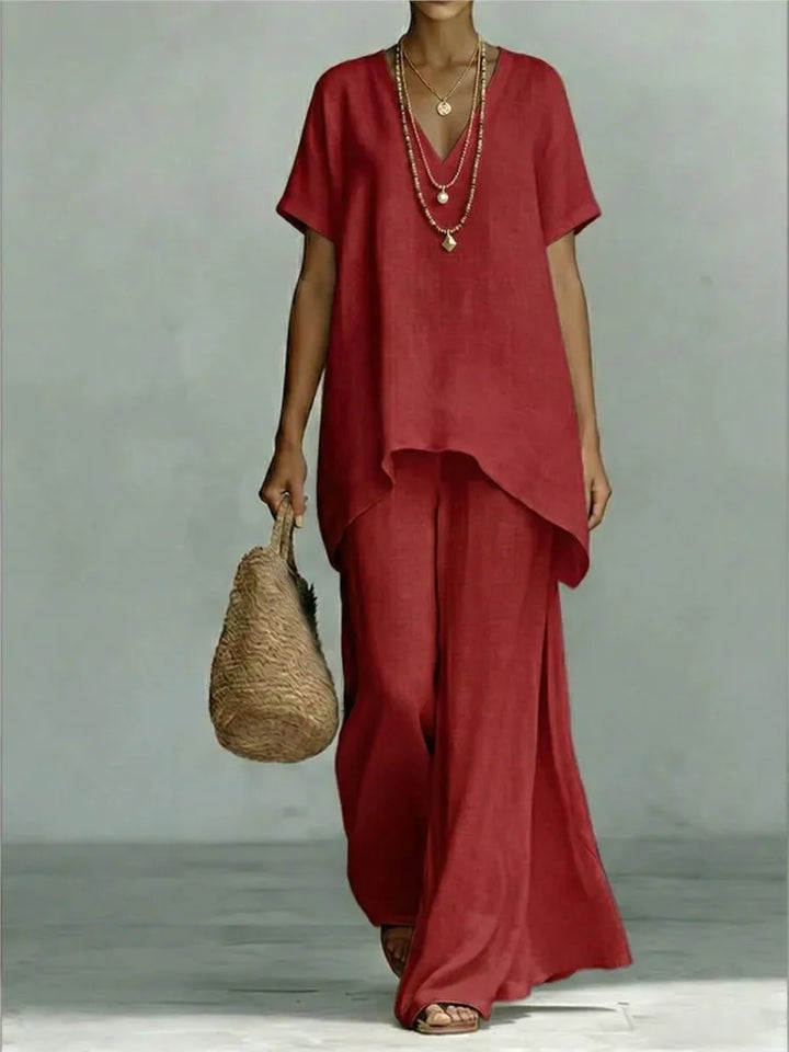Chic women's linen blend wide-leg pant set, a comfortable two-piece outfit perfect for resort fashion or summer casual wear.