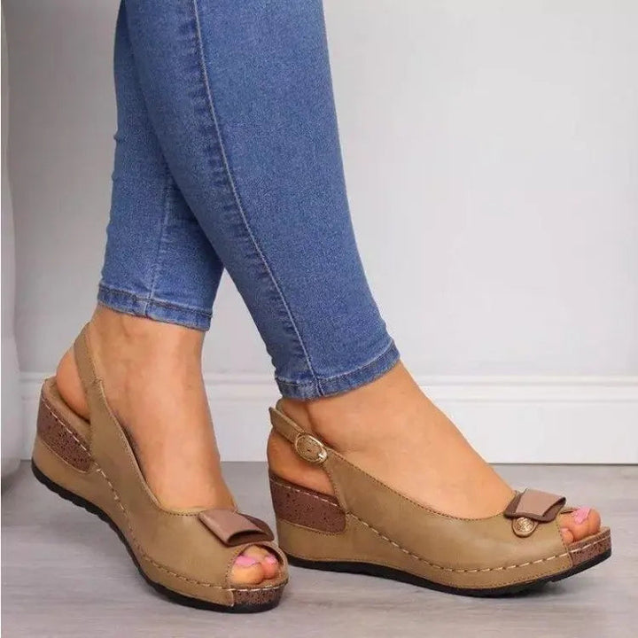 Comfortable women's peep toe low wedge slingback sandals, perfect casual footwear for everyday wear.