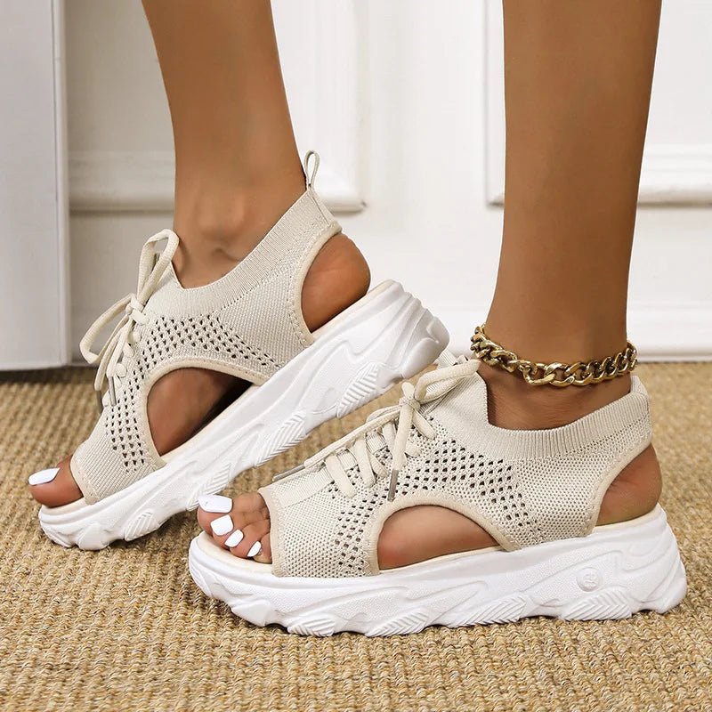 Casual everyday women's platform sandals, comfortable lace-up open toe orthopedic footwear.